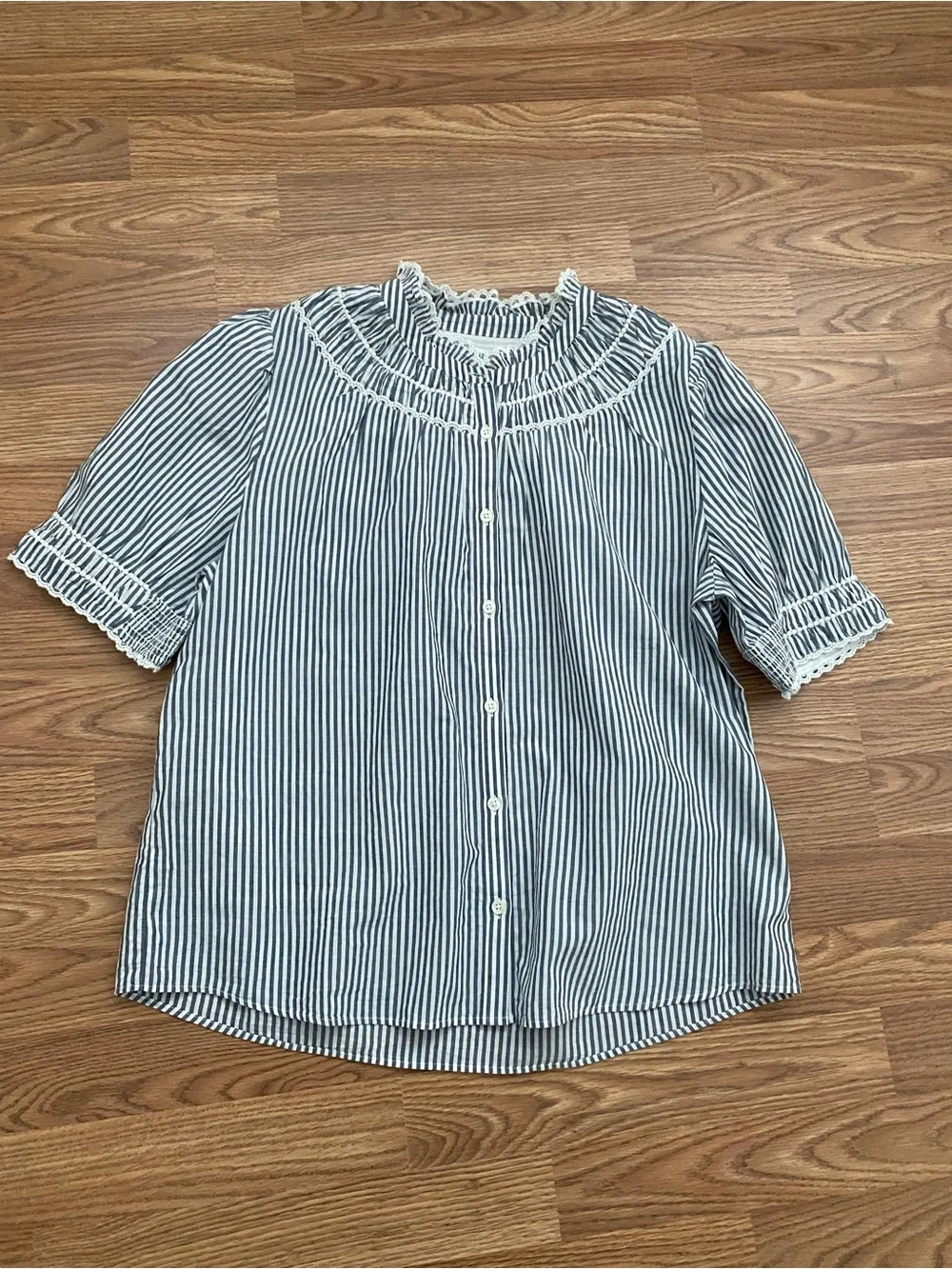 J. Crew Navy and White Striped Button-Front Smocked Yoke Blouse